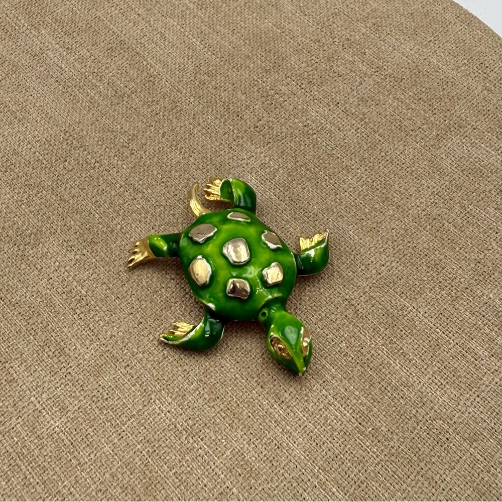 Green Enamel Turtle Brooch with Gold Accents